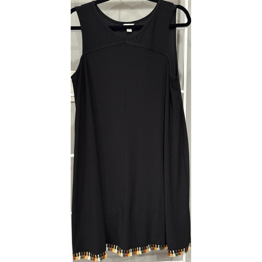 Women's Black Sleeveless Shift Dress Tassel Hem Boho-Minimalist Casual chic L